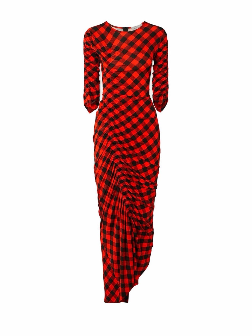Preen by Thornton Bregazzi Red and Black Buffalo Check Ruched Maxi Dress